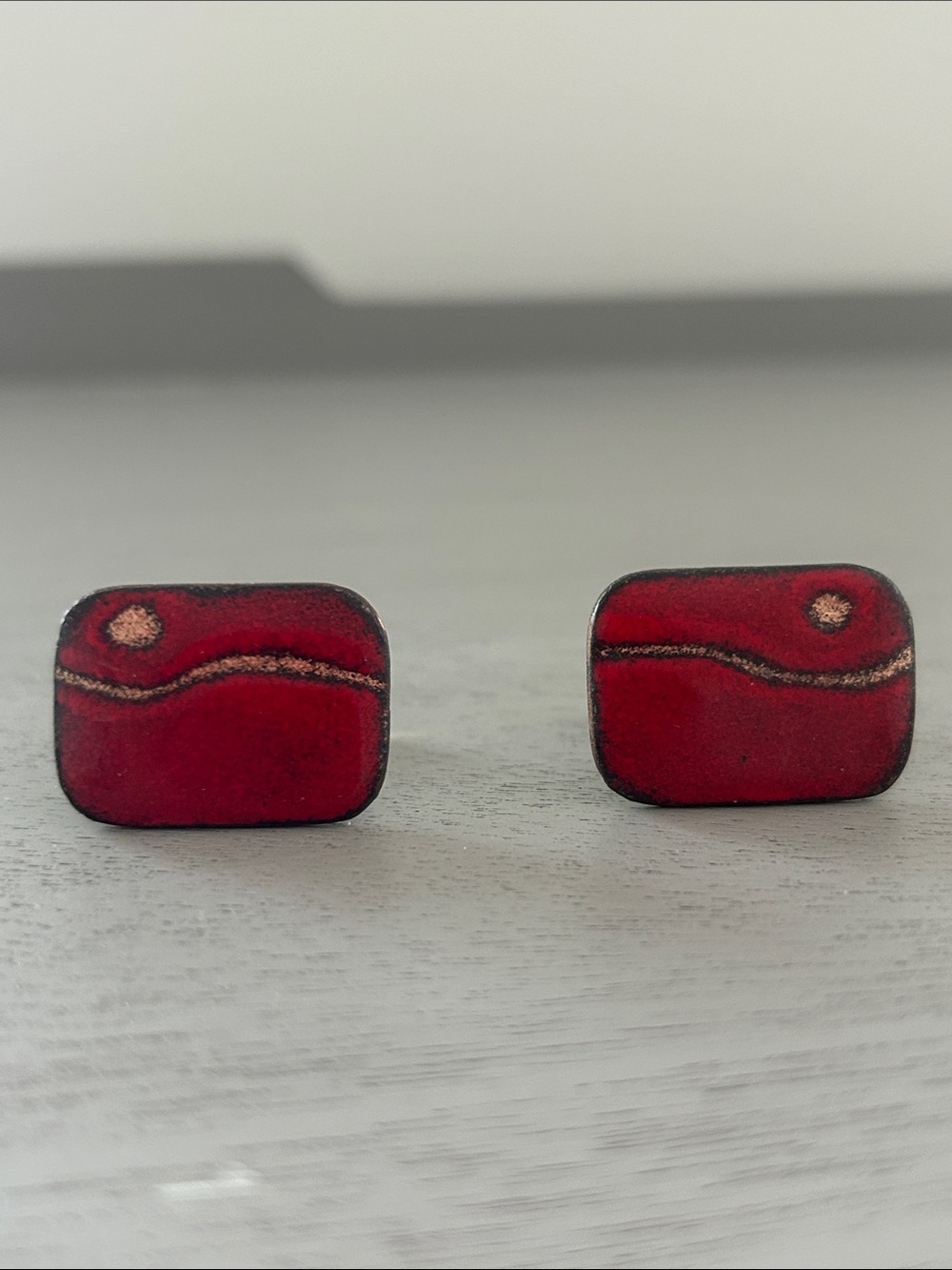 Vintage Mid Century Enamel Red Rectangular Cuff Links, Signed